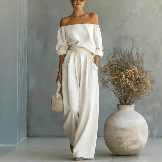 Casual Two-Piece Womens Outfit Off-Shoulder Top And Wide-Leg Pants Set 