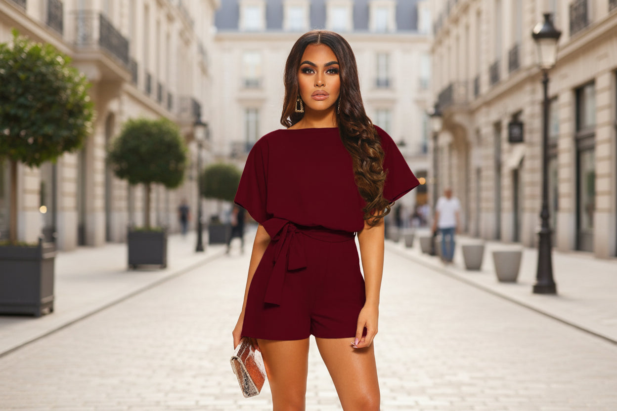 Fashion Solid Color Short-sleeved Jumpsuit with Belt 