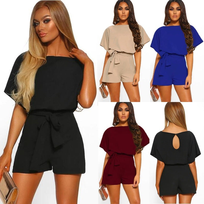 Fashion Solid Color Short-sleeved Jumpsuit with Belt 