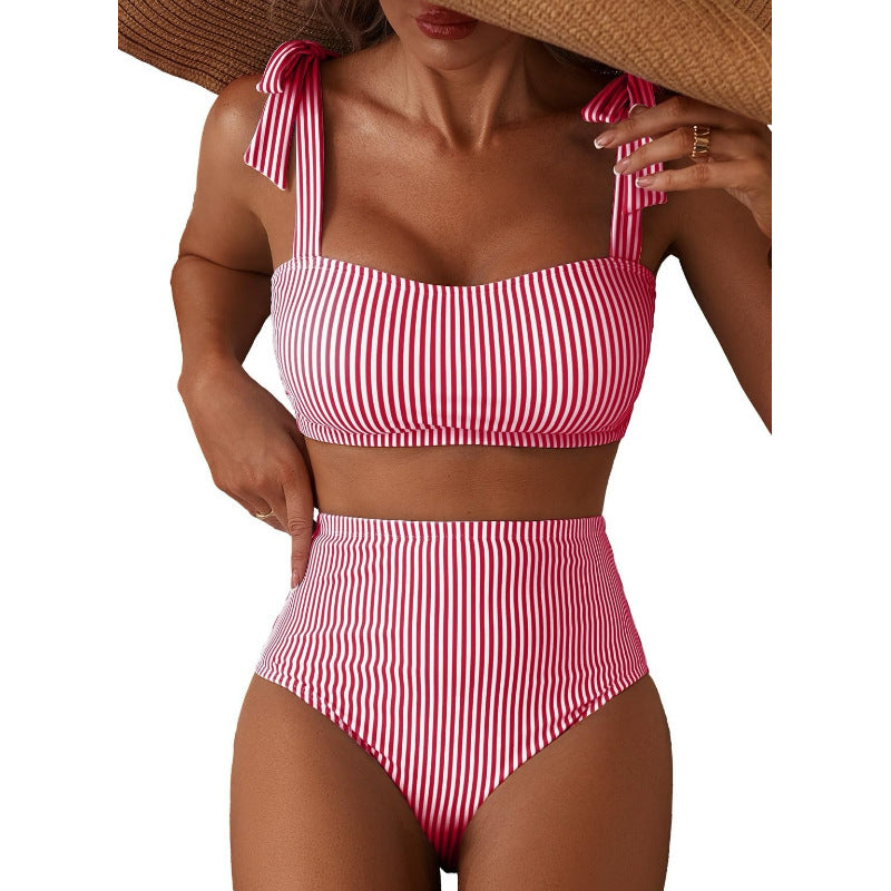 Women's Striped Bikini Set with Tie-Shoulder Design, High-Waisted Two-Piece Swimsuit 