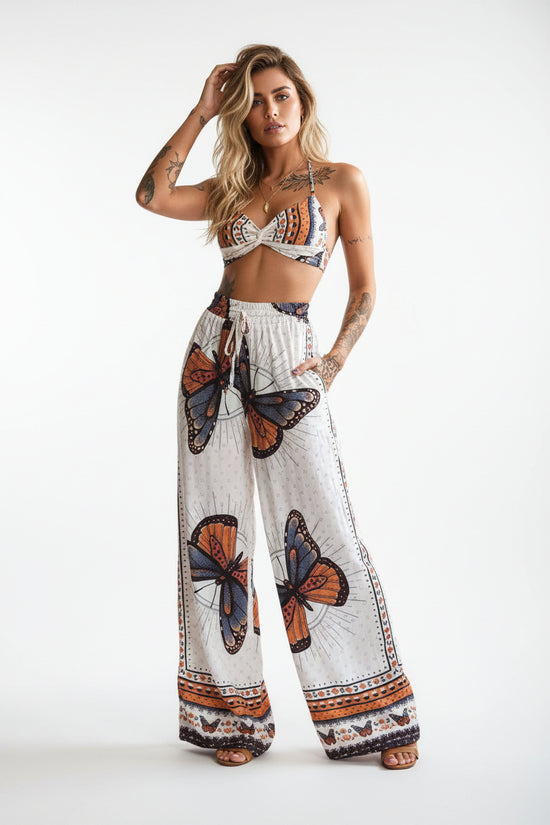 Women's Feather Print Crop Top & Pants Set – 2-Piece Vacation Outfit 