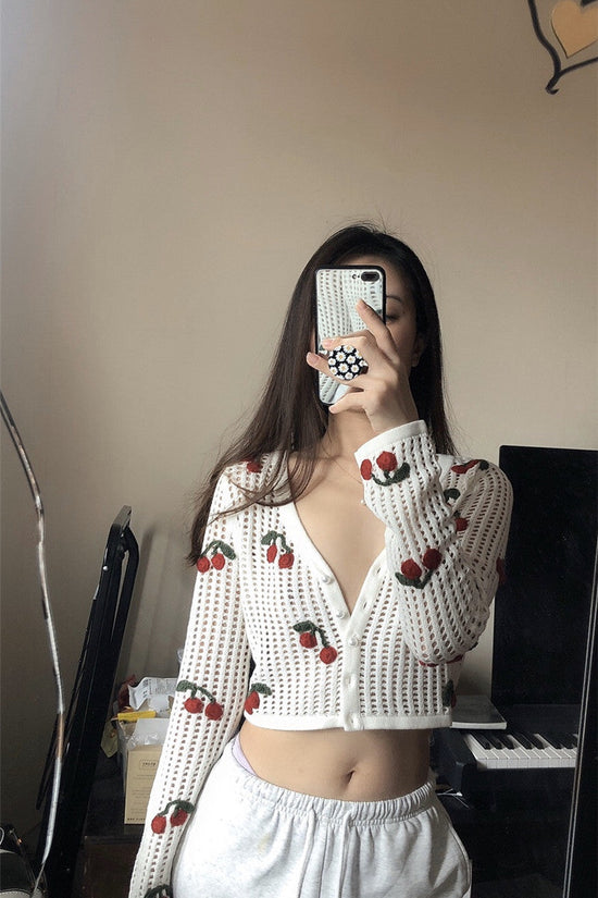 Ins Blogger With The Same Cherry Embroidery White Crochet Hollow Cardigan Top Women'S Short Coat Base Cardigan CJ