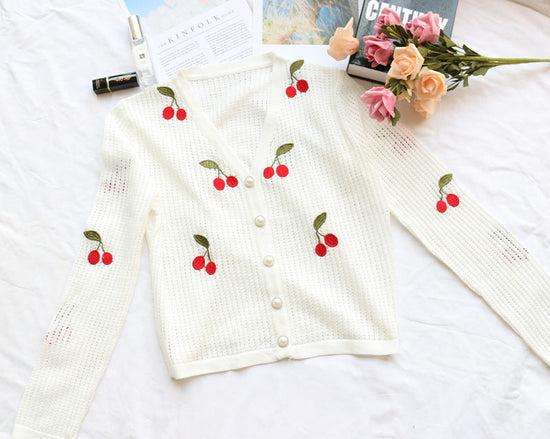Ins Blogger With The Same Cherry Embroidery White Crochet Hollow Cardigan Top Women'S Short Coat Base Cardigan CJ