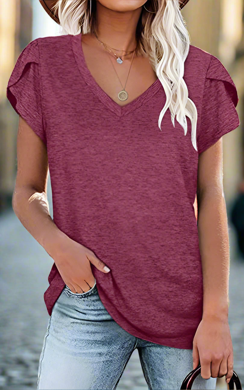 🌸 Women's V-Neck Petal Sleeve Summer T-Shirt – Elegant & Breezy null