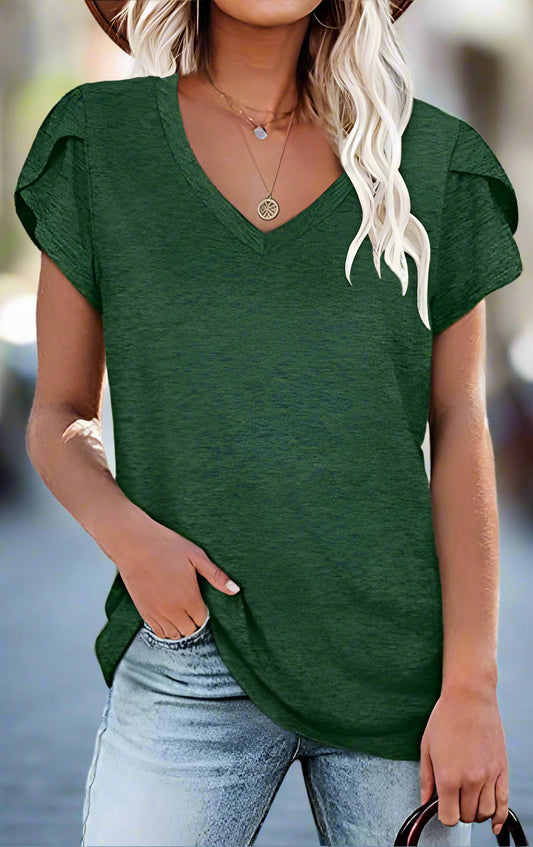Summer New Style v-neck Petal-sleeved Short-sleeved T-shirt Women null