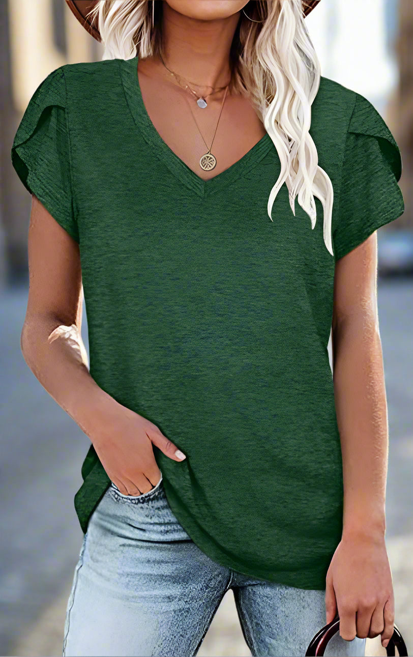 🌸 Women's V-Neck Petal Sleeve Summer T-Shirt – Elegant & Breezy null