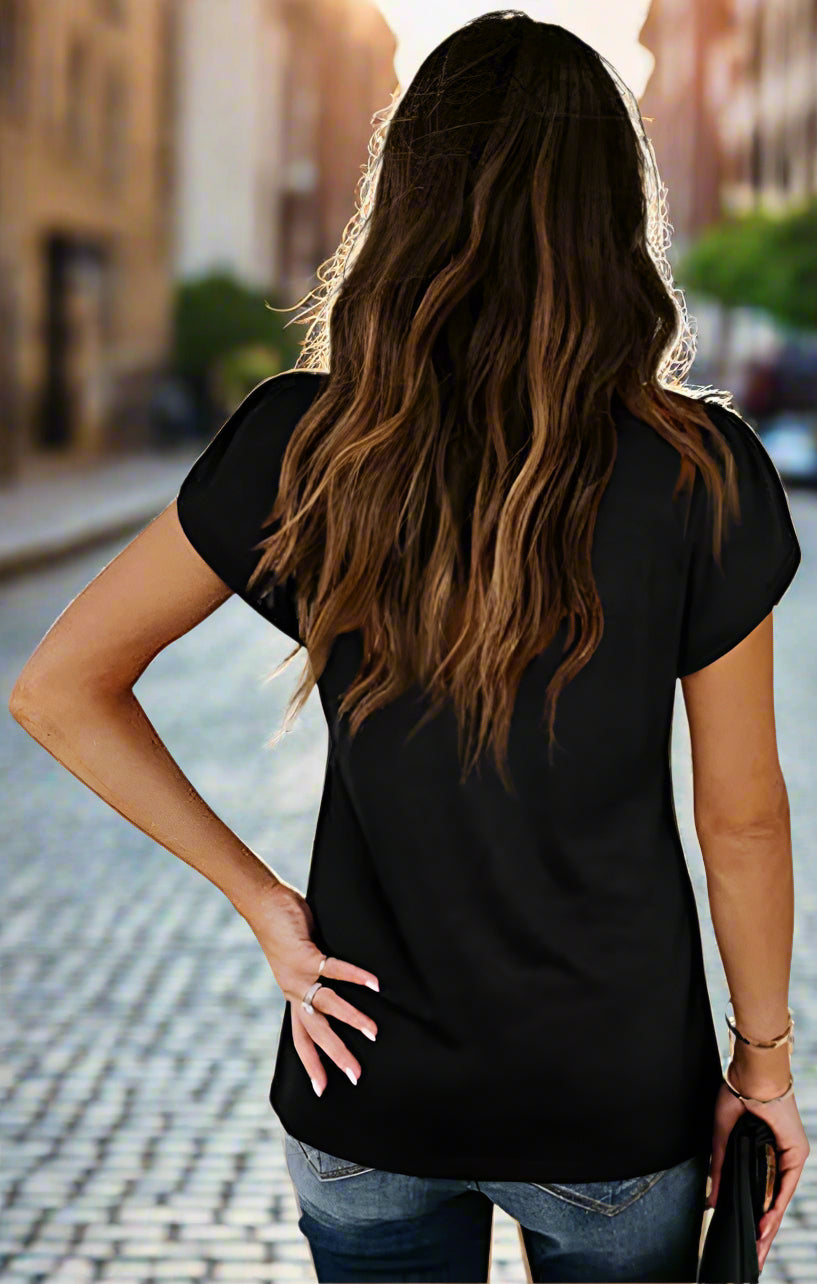 🌸 Women's V-Neck Petal Sleeve Summer T-Shirt – Elegant & Breezy null