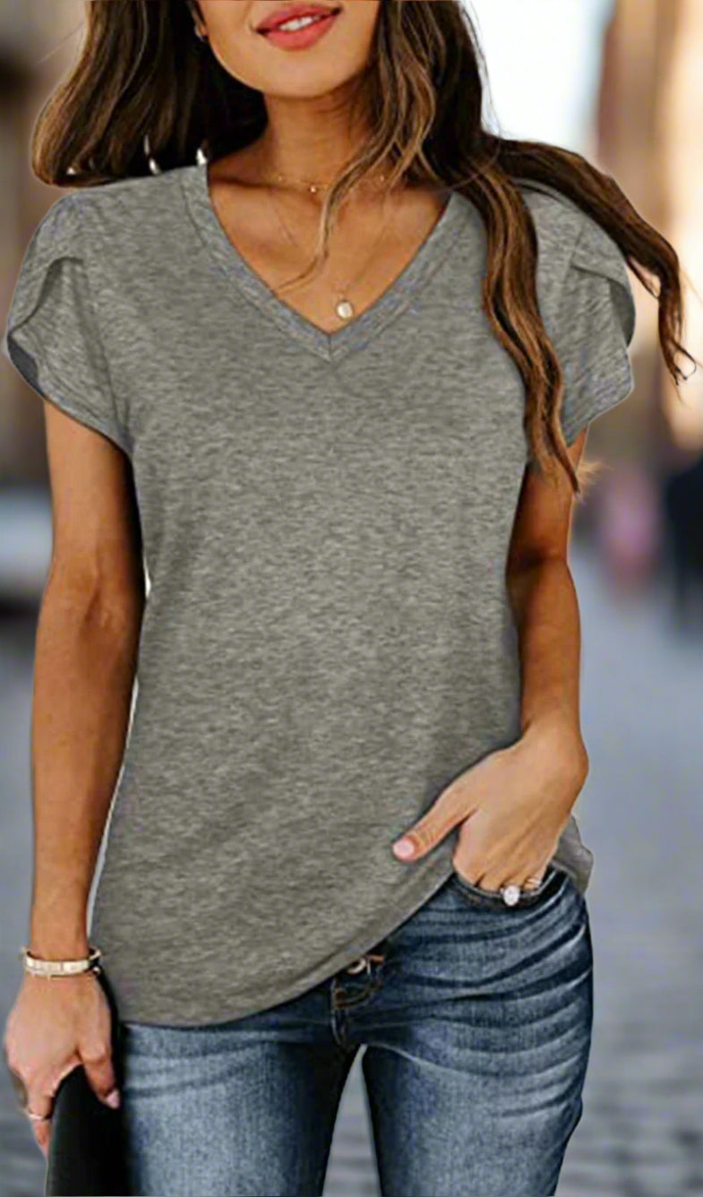 🌸 Women's V-Neck Petal Sleeve Summer T-Shirt – Elegant & Breezy null