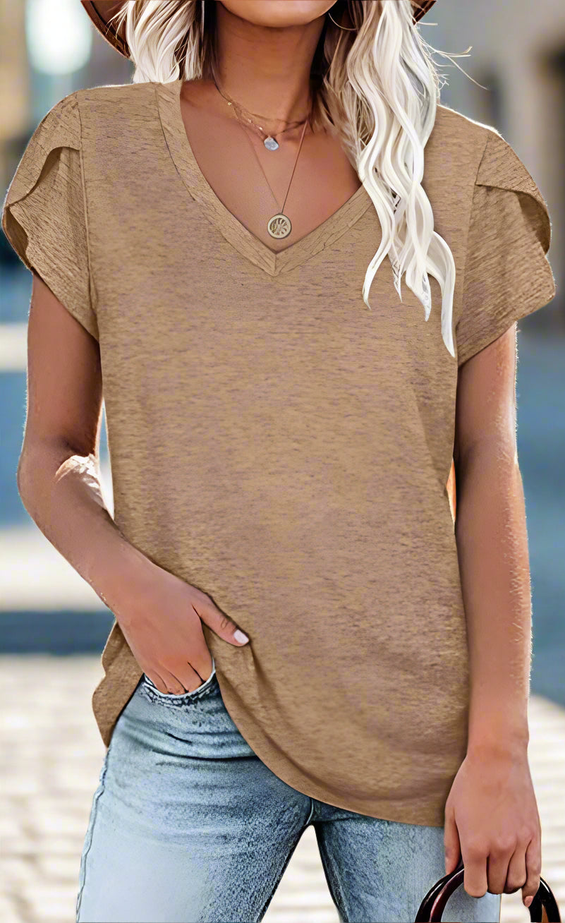 🌸 Women's V-Neck Petal Sleeve Summer T-Shirt – Elegant & Breezy null