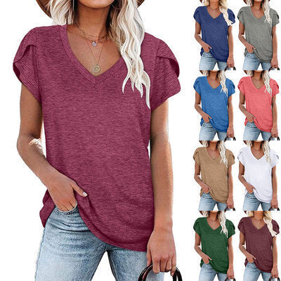 Summer New Style v-neck Petal-sleeved Short-sleeved T-shirt Women null