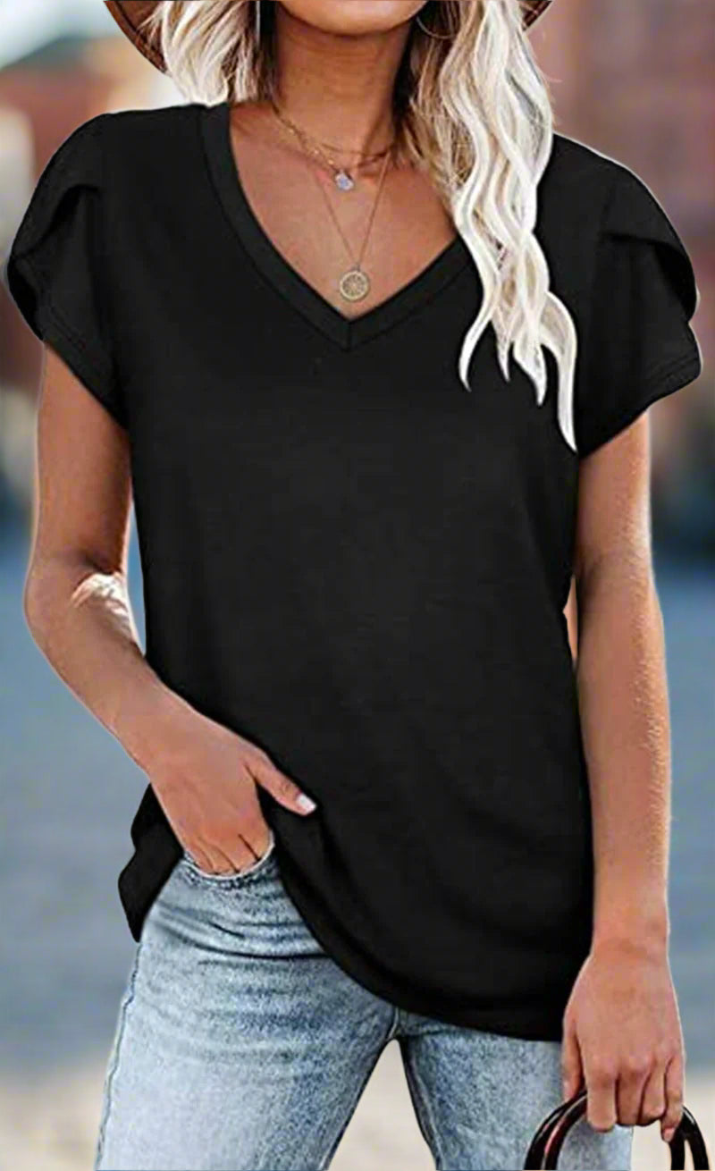 🌸 Women's V-Neck Petal Sleeve Summer T-Shirt – Elegant & Breezy null