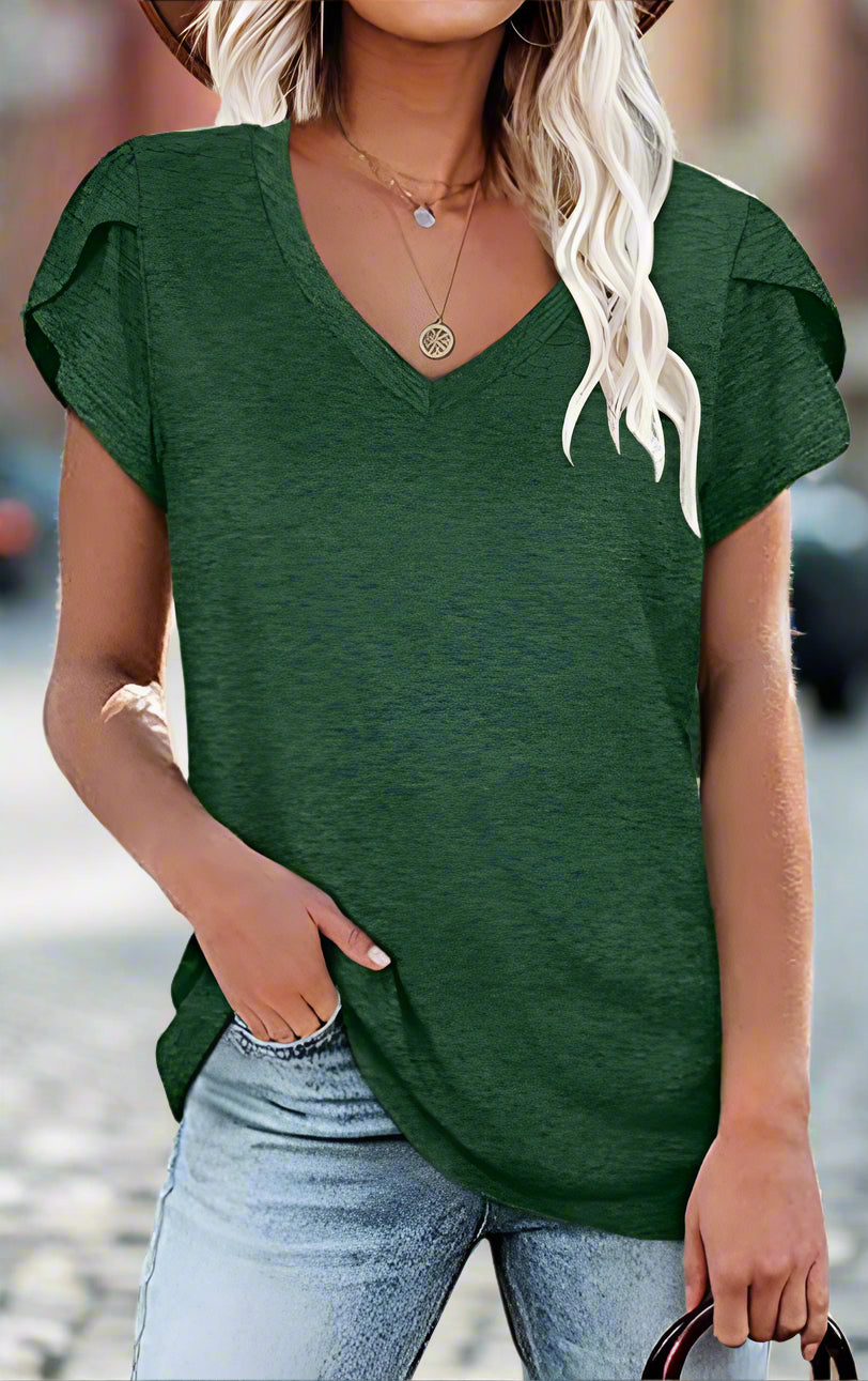 Summer New Style v-neck Petal-sleeved Short-sleeved T-shirt Women null