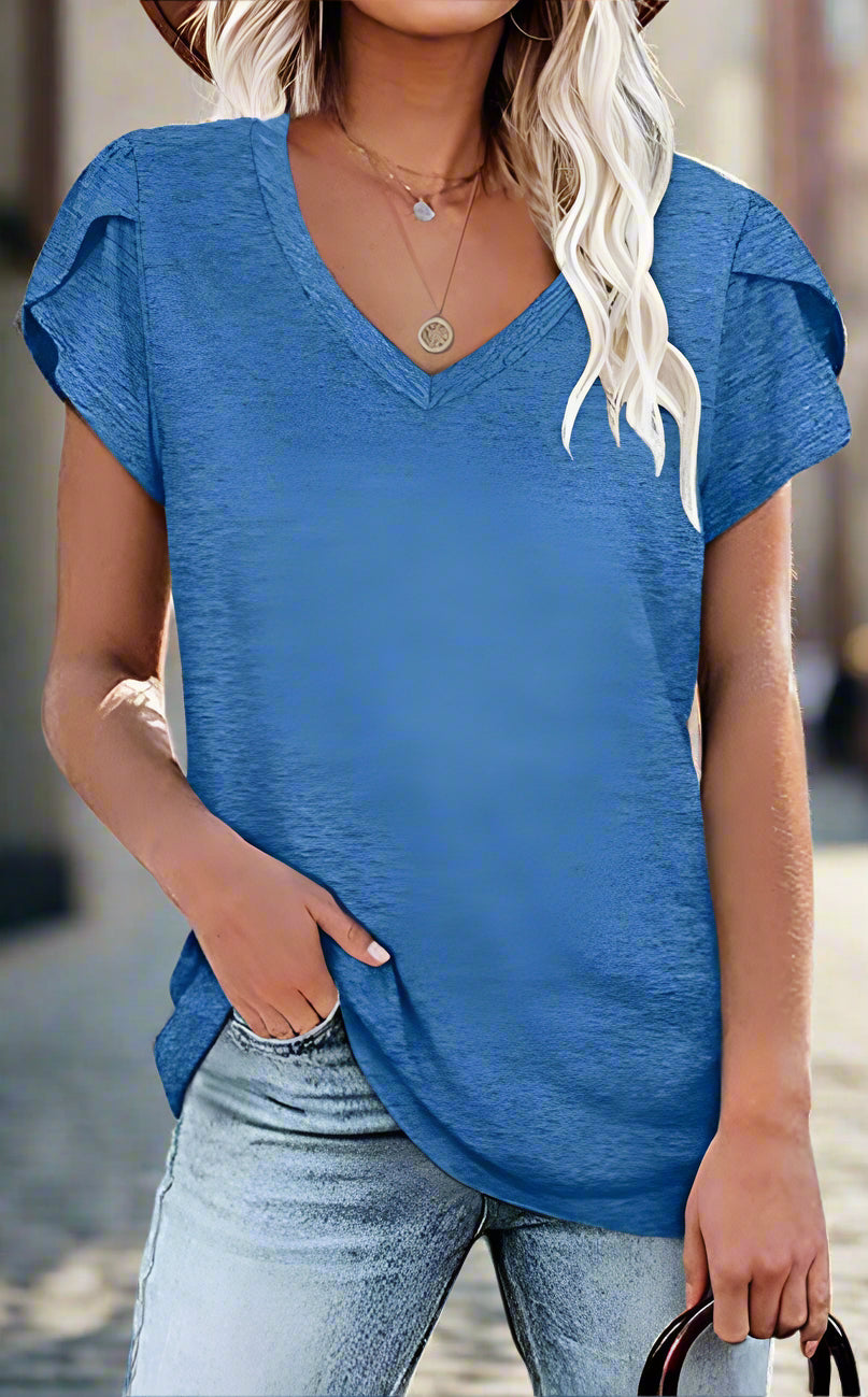 🌸 Women's V-Neck Petal Sleeve Summer T-Shirt – Elegant & Breezy null