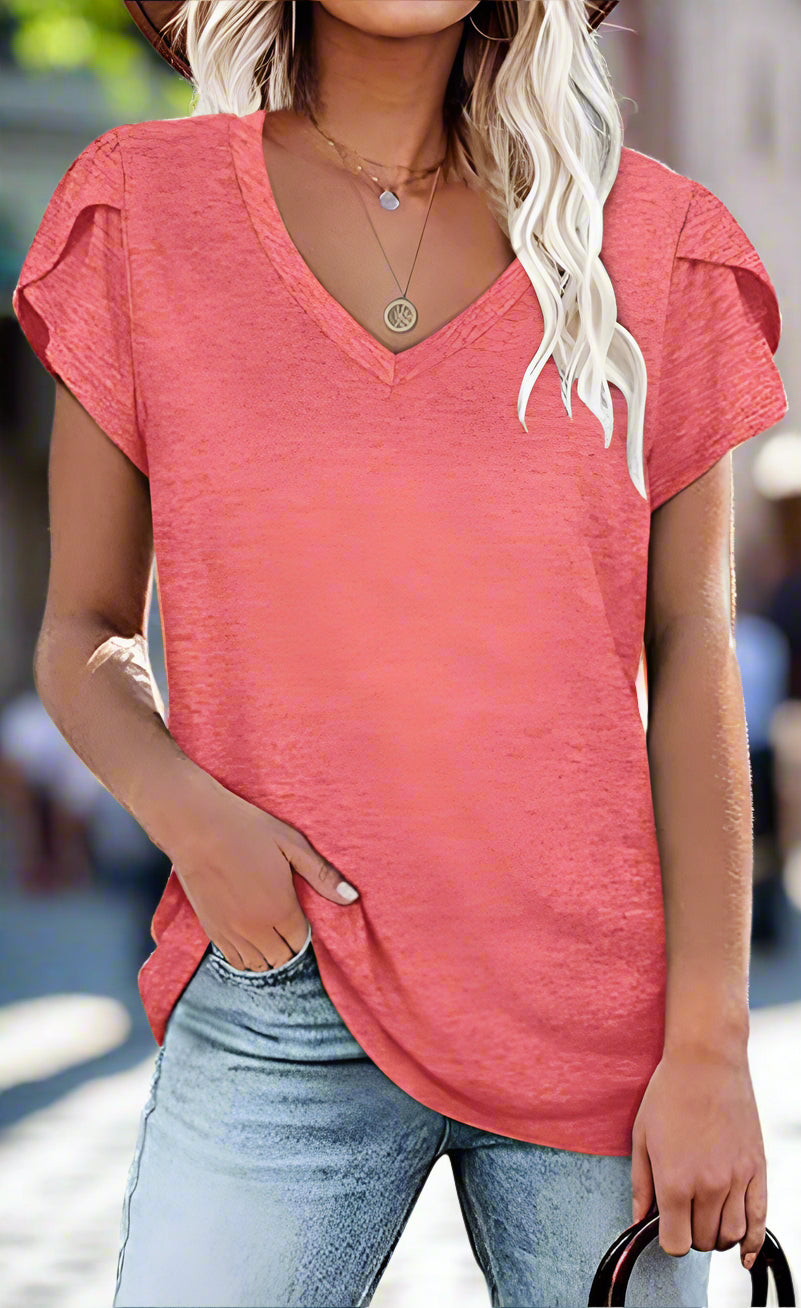 🌸 Women's V-Neck Petal Sleeve Summer T-Shirt – Elegant & Breezy null