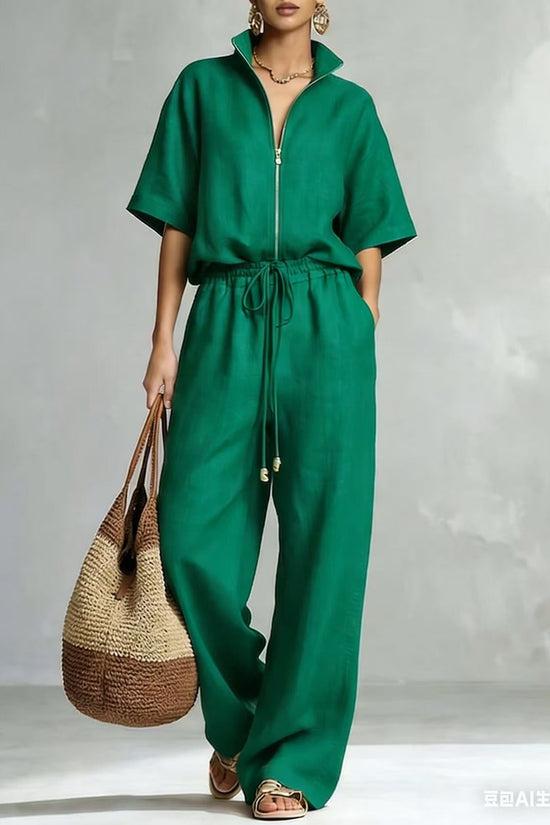 Womens Casual Loose Solid-Color Zip-Up Crew-Neck Wide-Leg Pants Set 