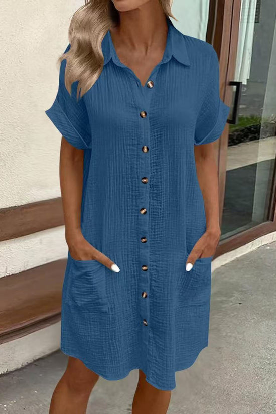 Casual Solid-Color Single-Breasted Mid-Length Short-Sleeve Dress 