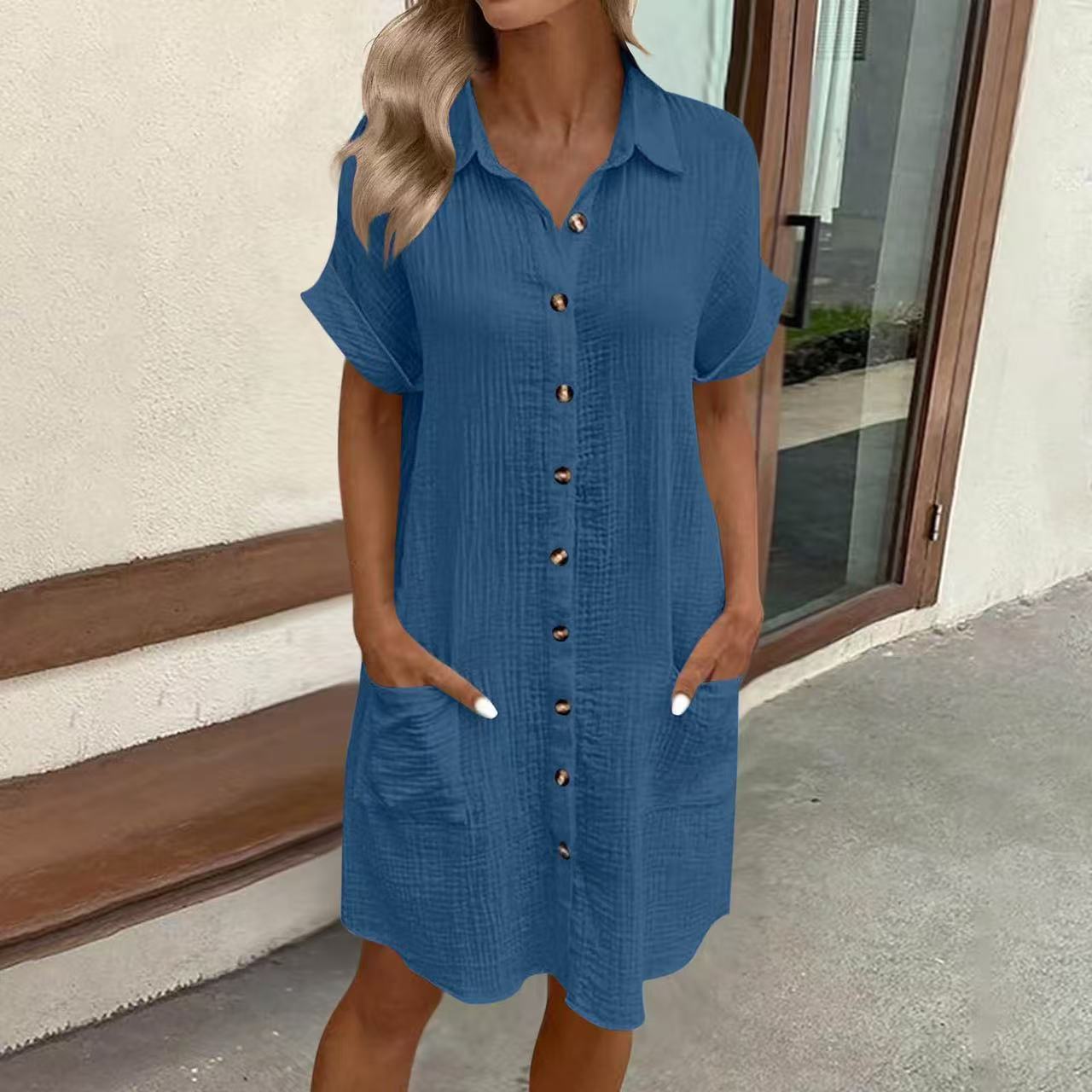 Casual Solid-Color Single-Breasted Mid-Length Short-Sleeve Dress 