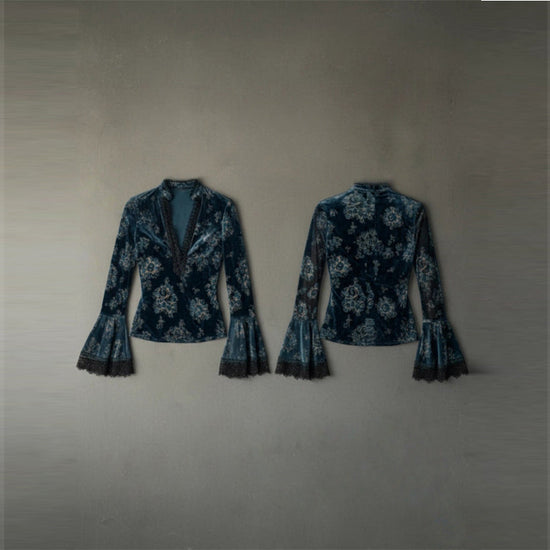 Women's Retro Lace Panel Blouse Elegant V-Neck Print Bell Long Sleeve Top For Spring Autumn Daily Wear 