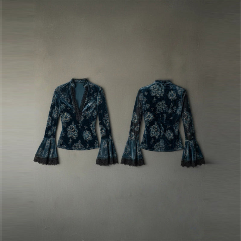 Women's Retro Lace Panel Blouse Elegant V-Neck Print Bell Long Sleeve Top For Spring Autumn Daily Wear 