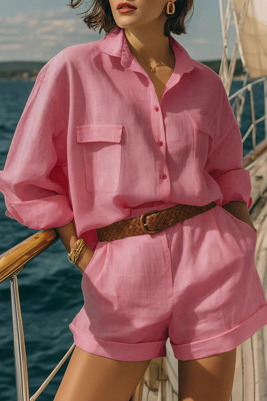 Cotton-linen Loose-fit Button-down Shirt And Shorts Fashion Casual Set 
