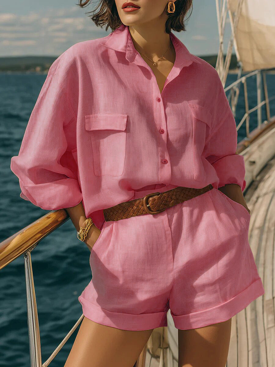 Cotton-linen Loose-fit Button-down Shirt And Shorts Fashion Casual Set 