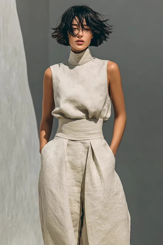 Womens Cotton-Linen Blend Sleeveless Top And Wide-Leg Pants Set 