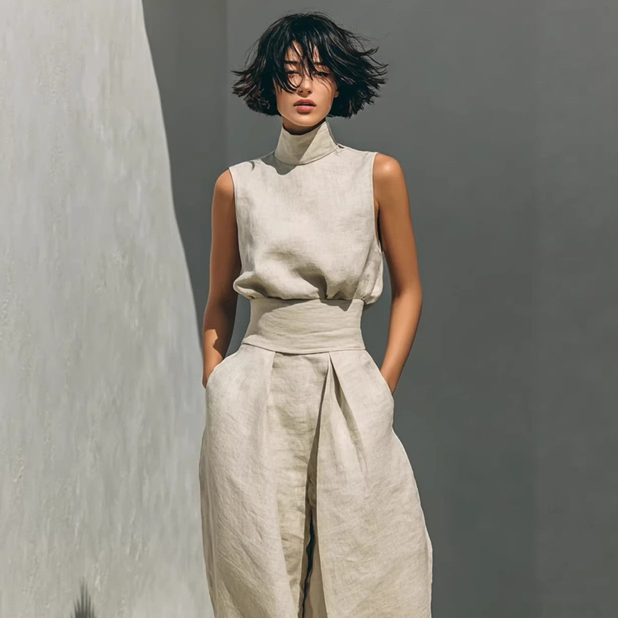 Womens Cotton-Linen Blend Sleeveless Top And Wide-Leg Pants Set 