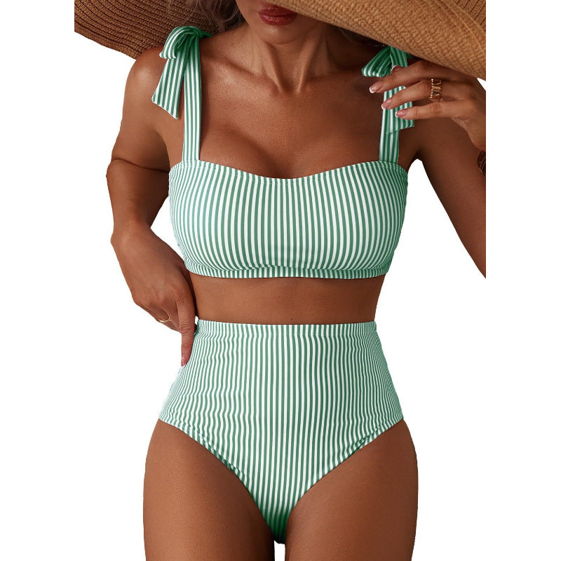 Women's Striped Bikini Set with Tie-Shoulder Design, High-Waisted Two-Piece Swimsuit 