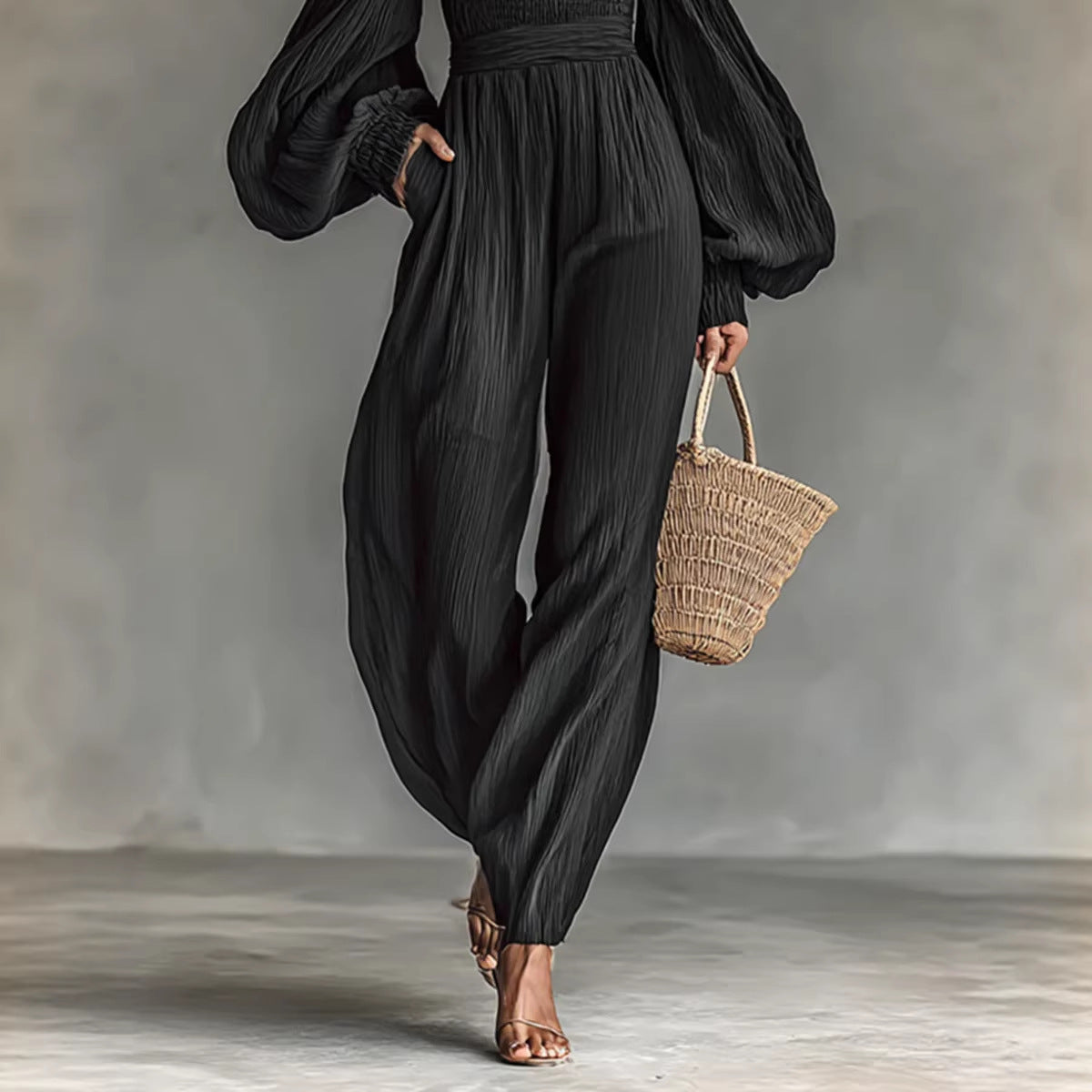Style Off-Shoulder Lantern Sleeve Pleated Loose Jumpsuit for Women 