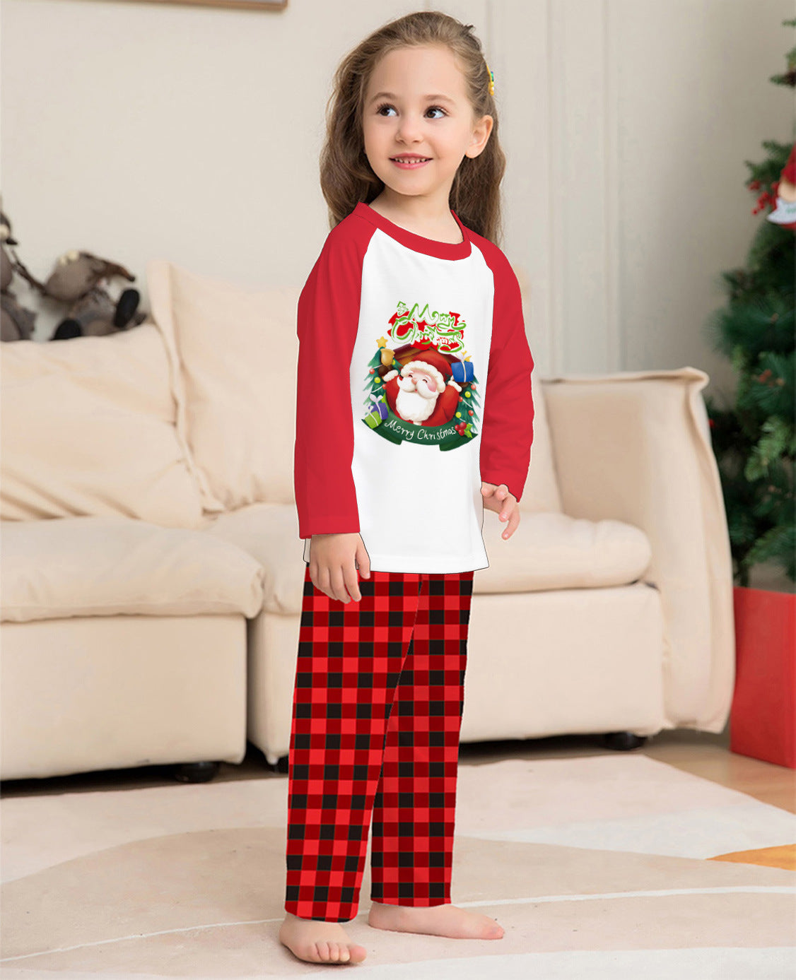 Christmas Parent-Child Clothes Set Long Sleeve T-Shirt Plaid Pants Family Matching Pajamas CJ