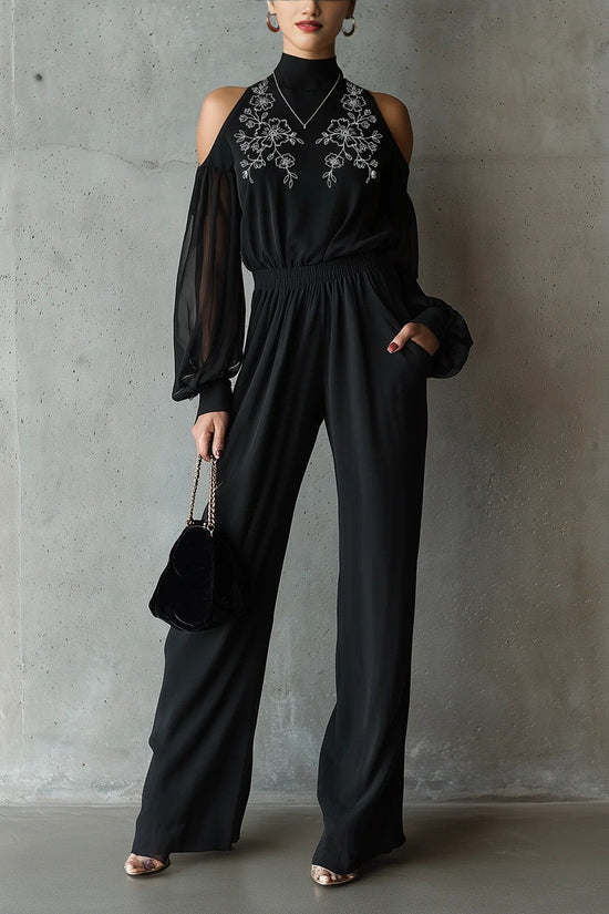 Black Embroidered Womens Long-Sleeve Wide-Leg Jumpsuit 