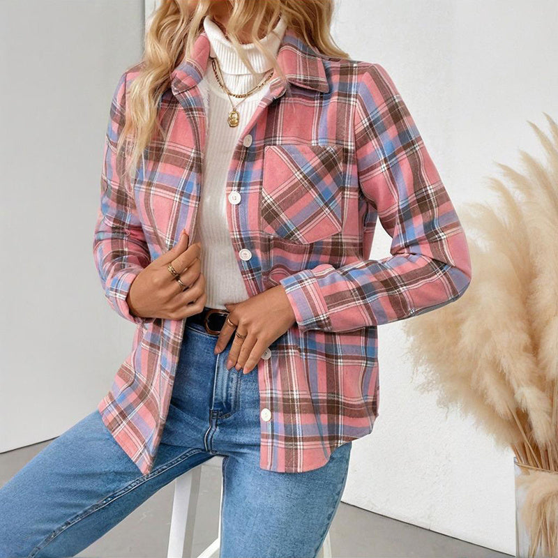 Women's Checkered Fleece Lined Shacket, Plaid Button Down Shirt Jacket With Chest Pockets, Fall Winter Outerwear Coat 