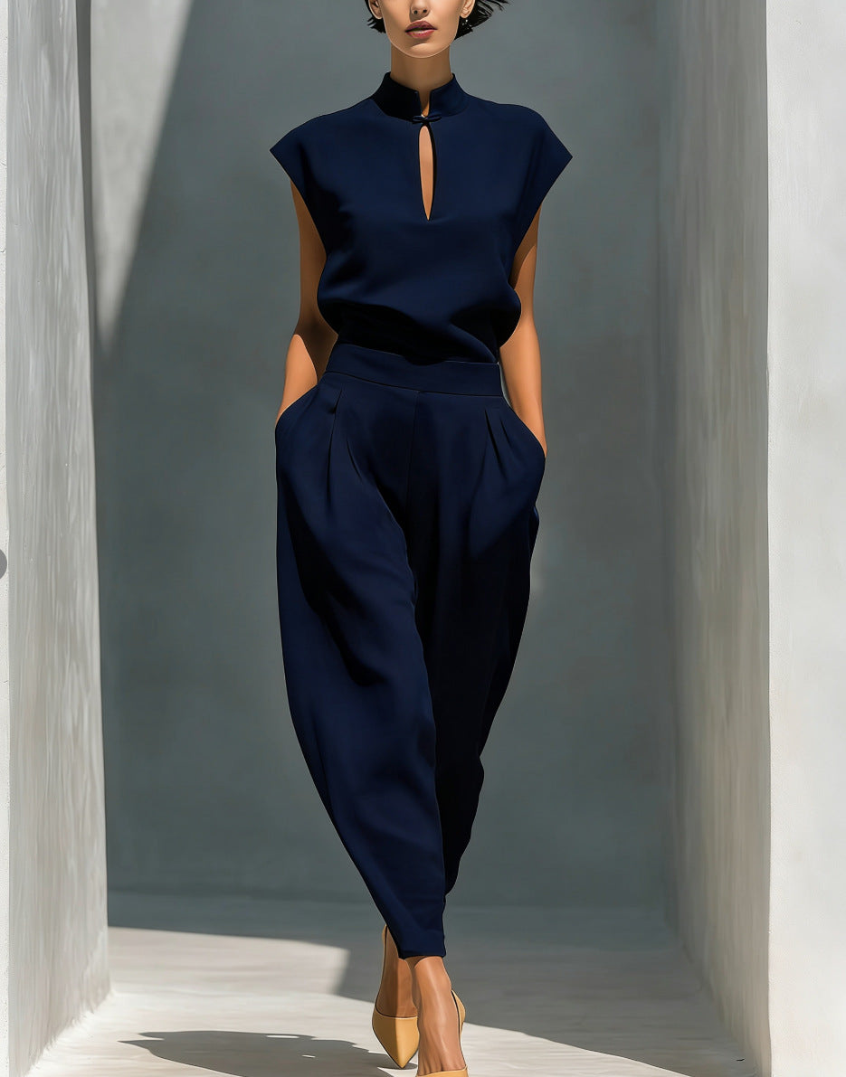 Chinese-style Satin Short-sleeve T-shirt And Pants Set For Women 