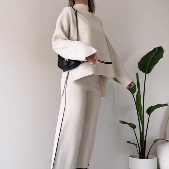 Women’s Solid Color Casual Two-Piece Set – Loose Top & Bootcut Pants Suit - FitiqueFit