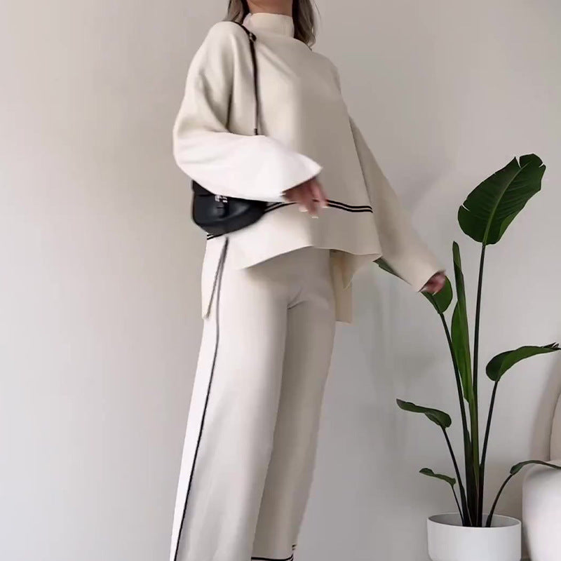 Women’s Solid Color Casual Two-Piece Set – Loose Top & Bootcut Pants Suit - FitiqueFit