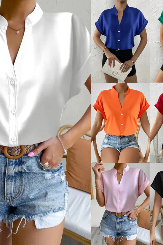 🧡 Summer Women's Satin V-Neck Short Sleeve Shirt – Elegant Casual Wear