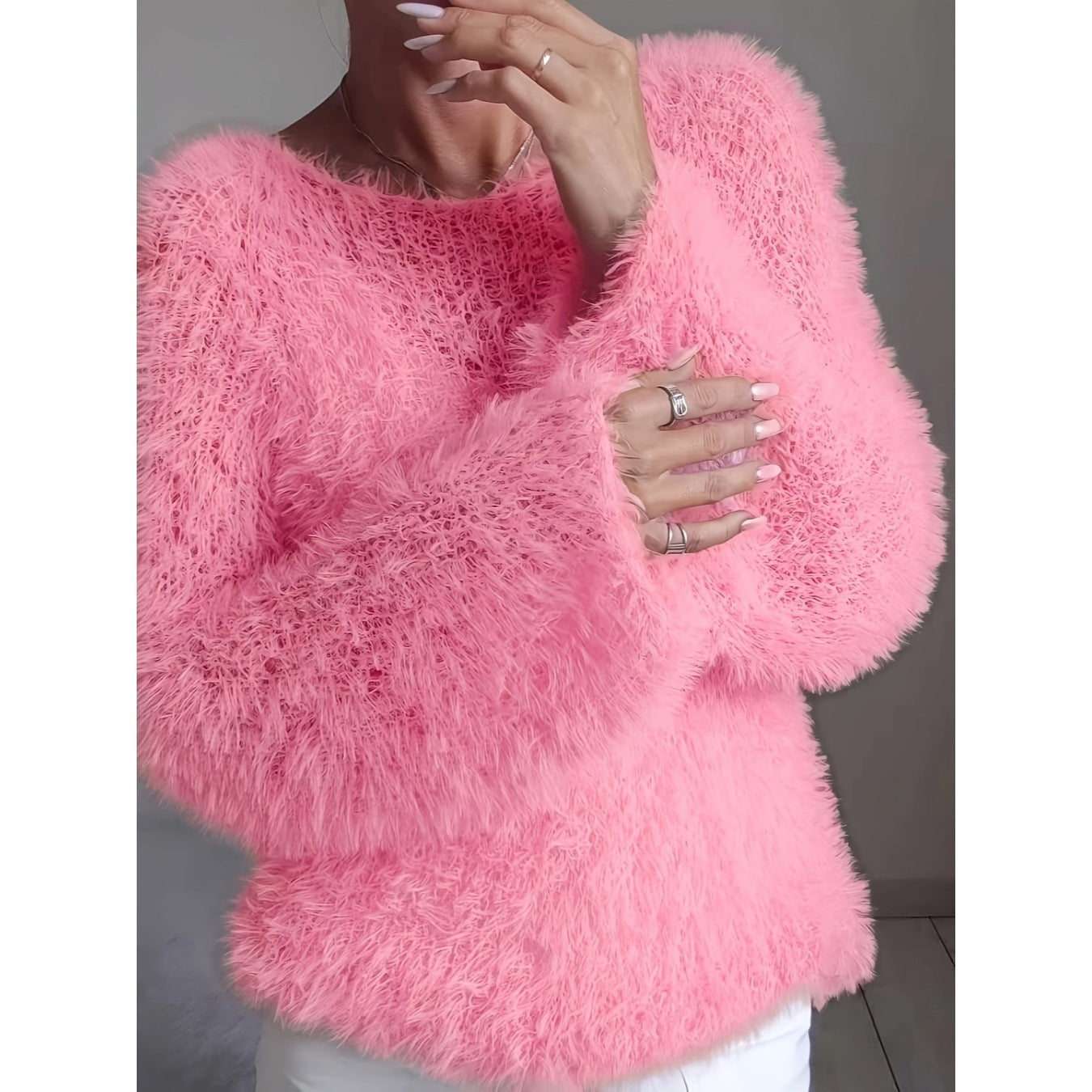 Women's macaron round neck fluffy solid color long sleeved fur top 