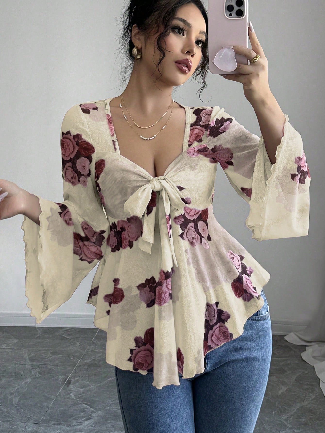 Sweet Floral Ombre Tie-Back Square Neck Long Sleeve Blouse 