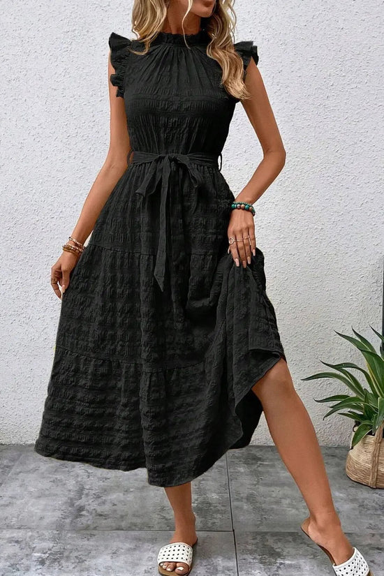 Tied Ruffled Cap Sleeve Midi Dress 