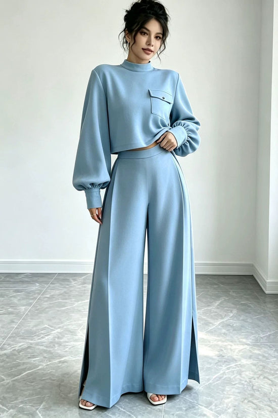 Solid color wide leg pants set for women 