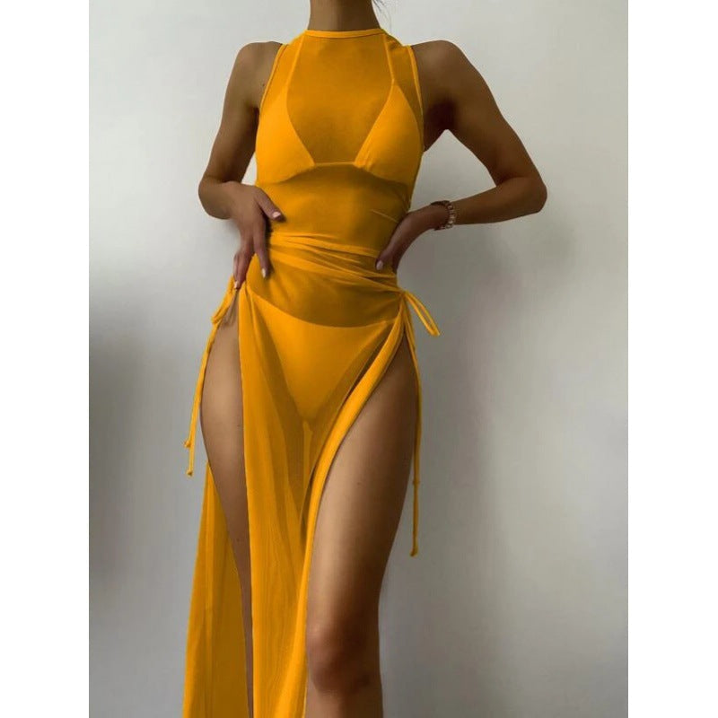 Bikini Swimwear Set, Solid Color Long Dress, Sexy Three-Piece Separated Swimsuit for Women 