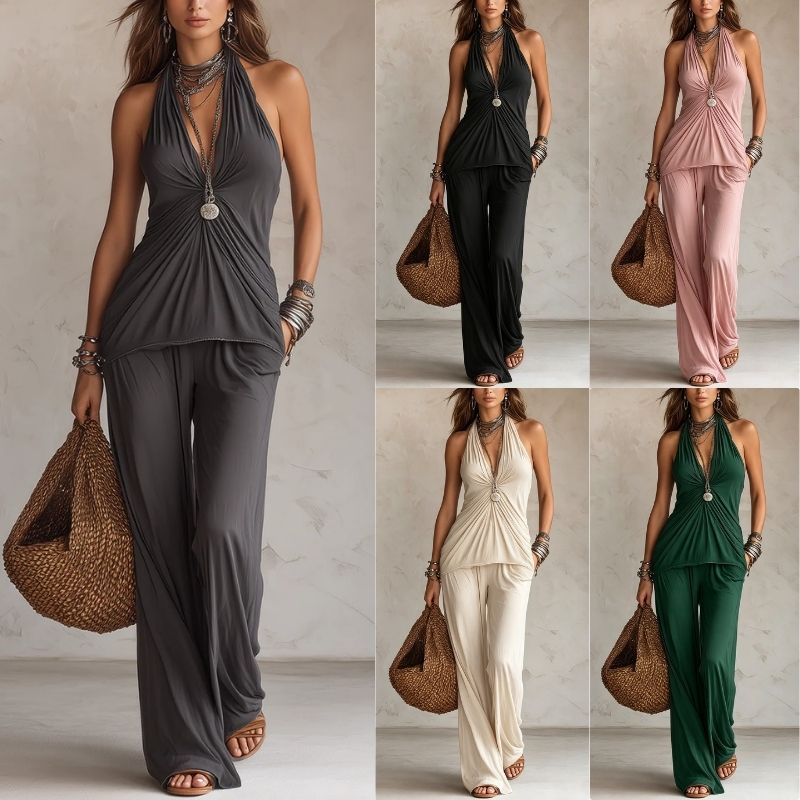 Womens Sleeveless Halter Top And High-Waist Casual Pants Set 