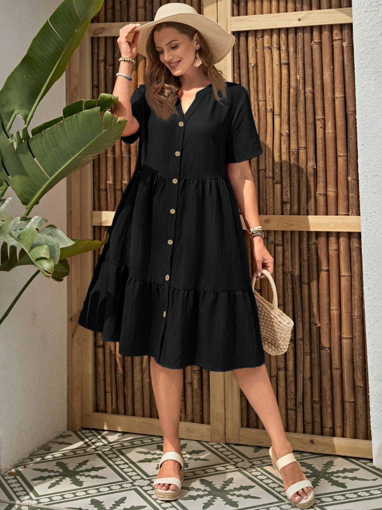 Plus-Size Button-Front V‑Neck Midi Dress CJ US