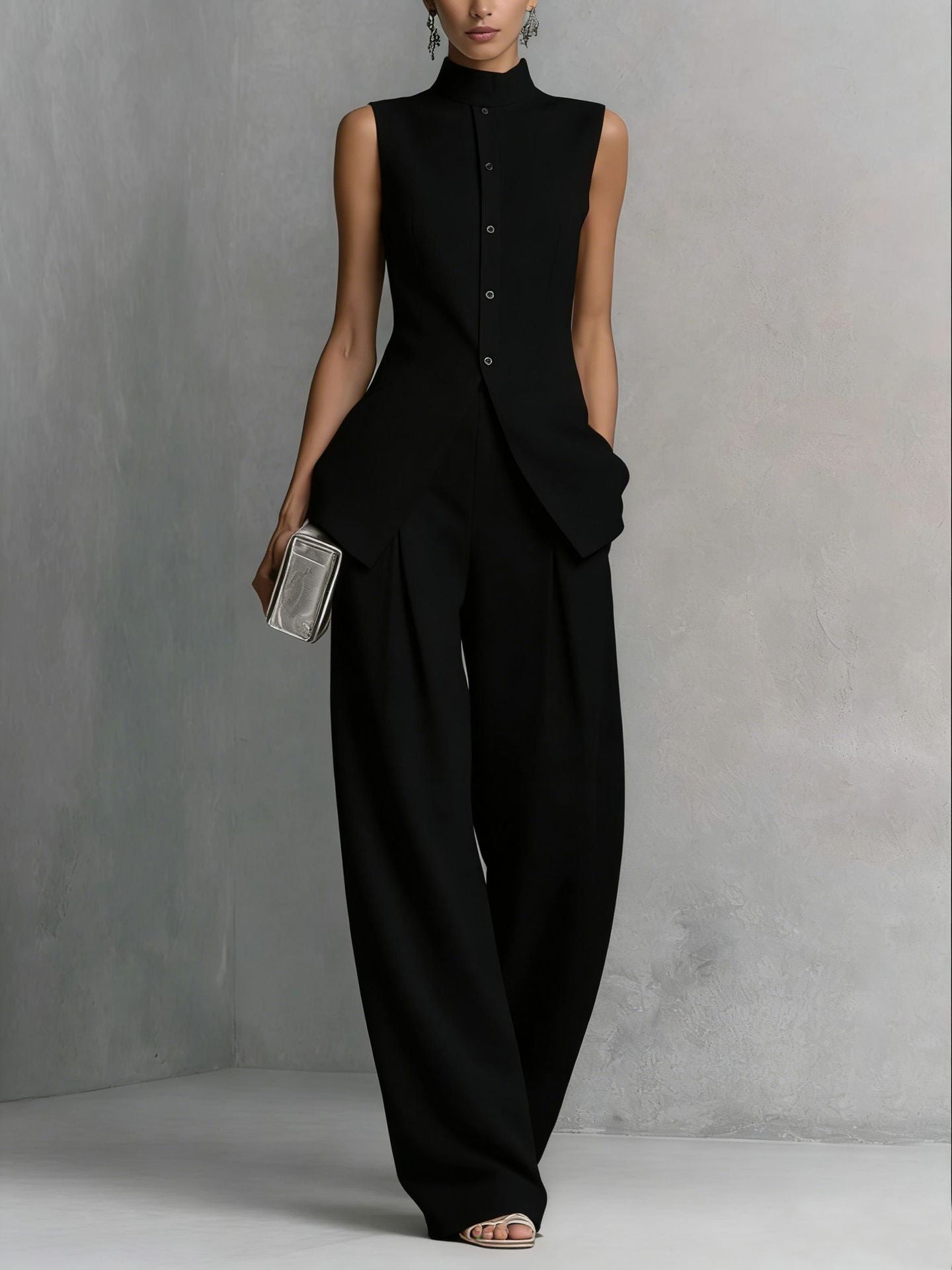Solid color sleeveless pants set 