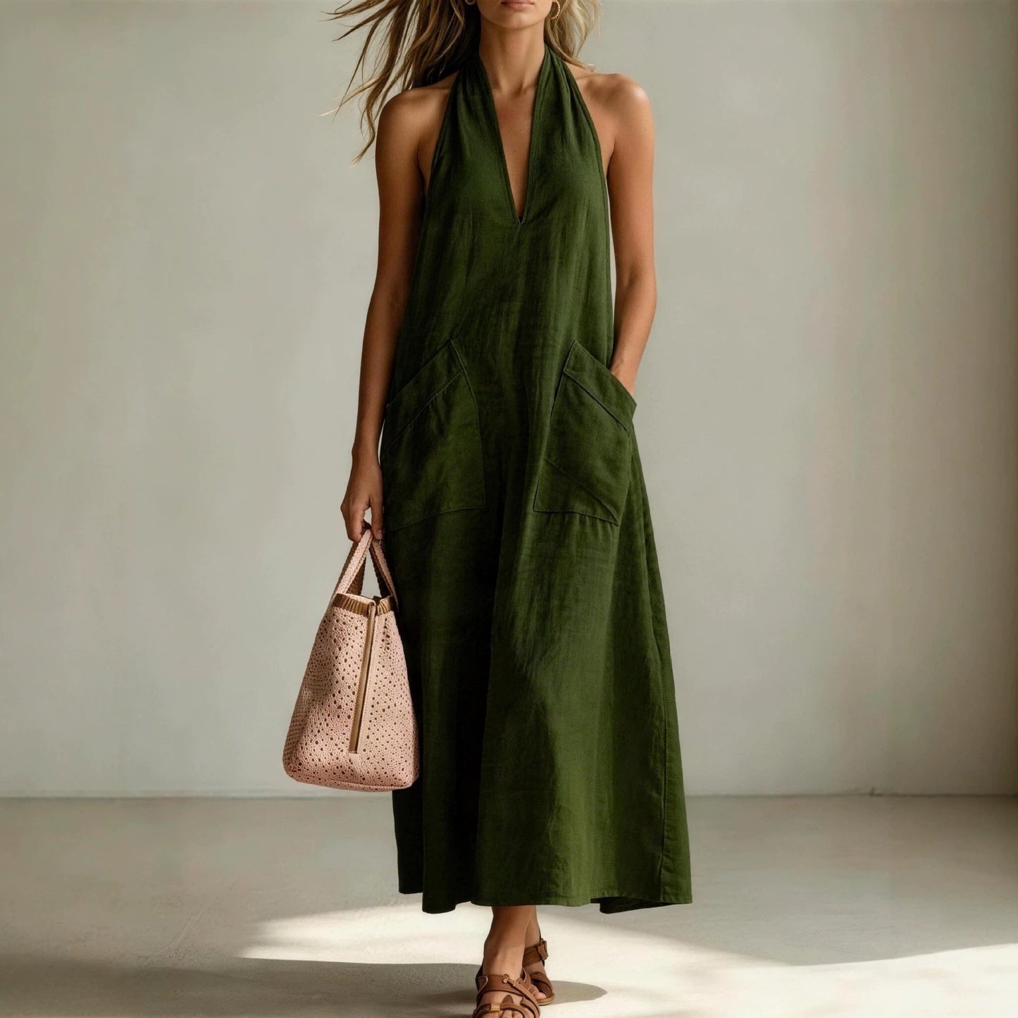 Cotton Halterneck Sleeveless Deep V-Neck Loose Straight-Line Dress 