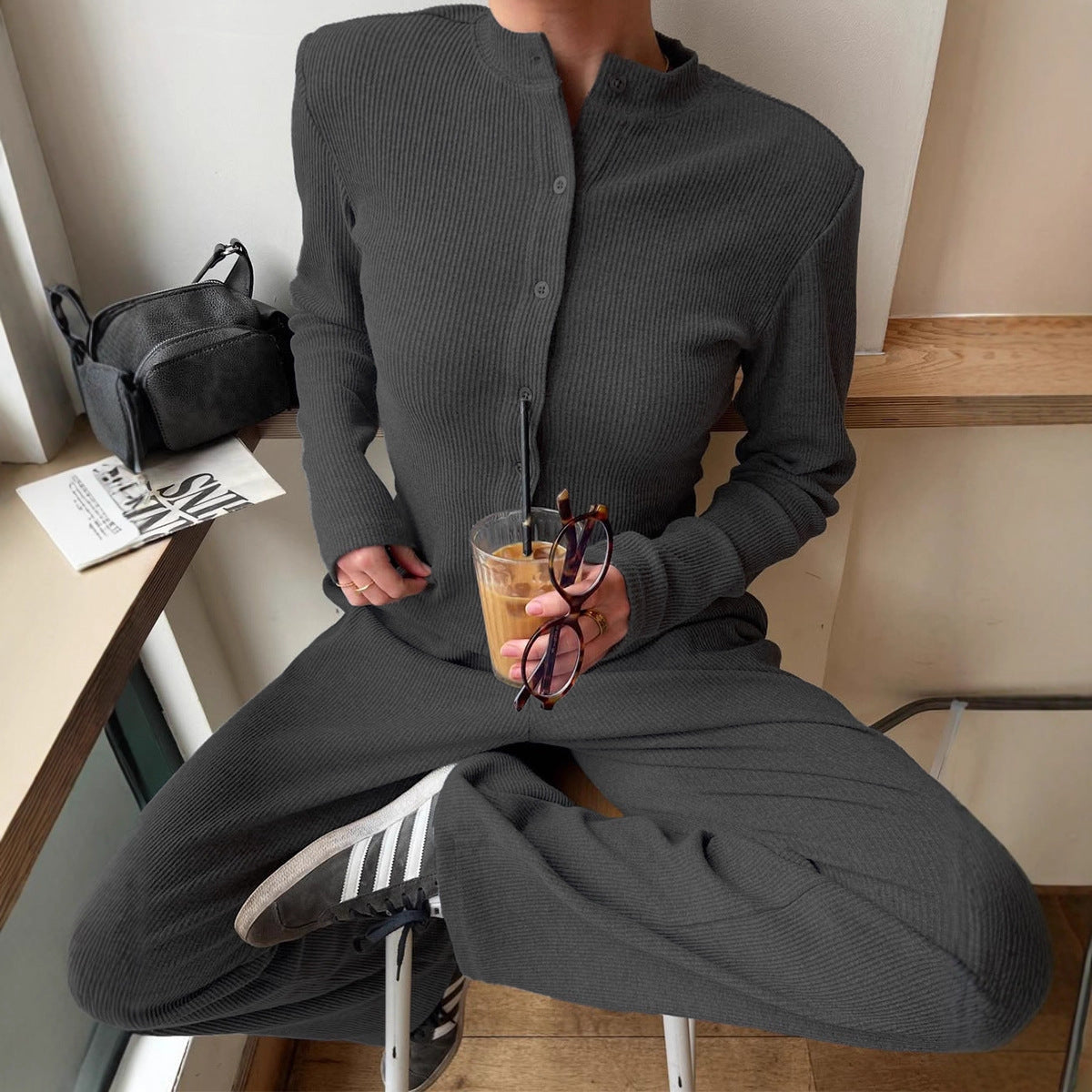 Half-high-neck Rib-knit Long-sleeve Cardigan And Button-front Trousers Set 