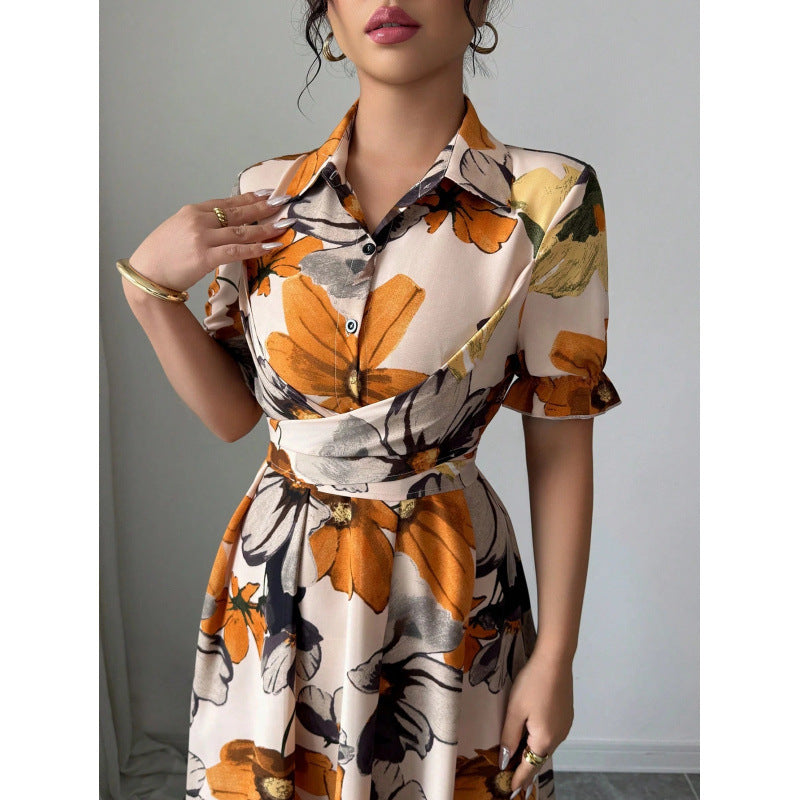 Womens Blouse-collar Puff-sleeve Cross-tie Waist Printed Dress 