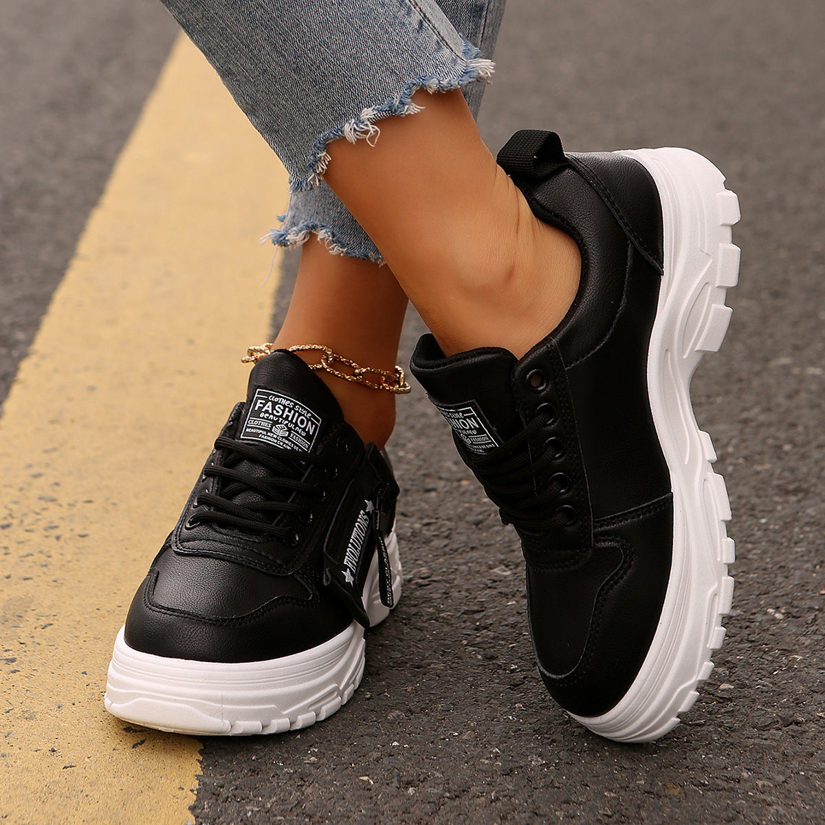 Lace-up Sports Shoes With Side-Zipper Design Fashion Thick-soled Round-toe Casual Shoes For Women Sneakers CJ US