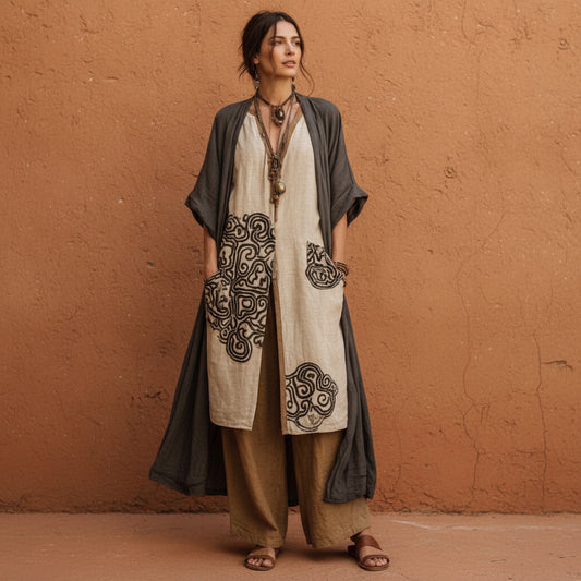 Loose Embroidered Long Robe Two-Piece Set for Women, Casual Wide-Leg Pants Outfit, Fashionable and Trendy 