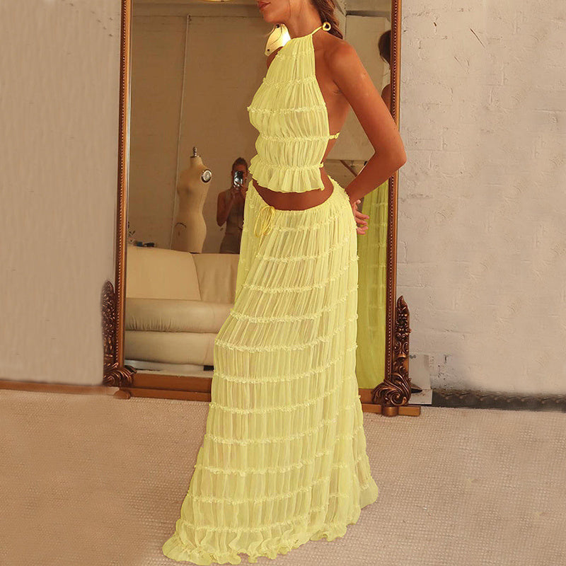 2pcs Women's Dress Suit Sexy Sleeveless Backless Cropped Halter Top And Pleated Long Skirt Beach Clothing FitiqueFit